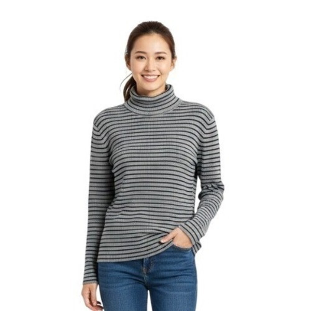 Lauren Ralph‎ Lauren Sweater Womens L Gray Striped Cotton Turtleneck Knit Casual